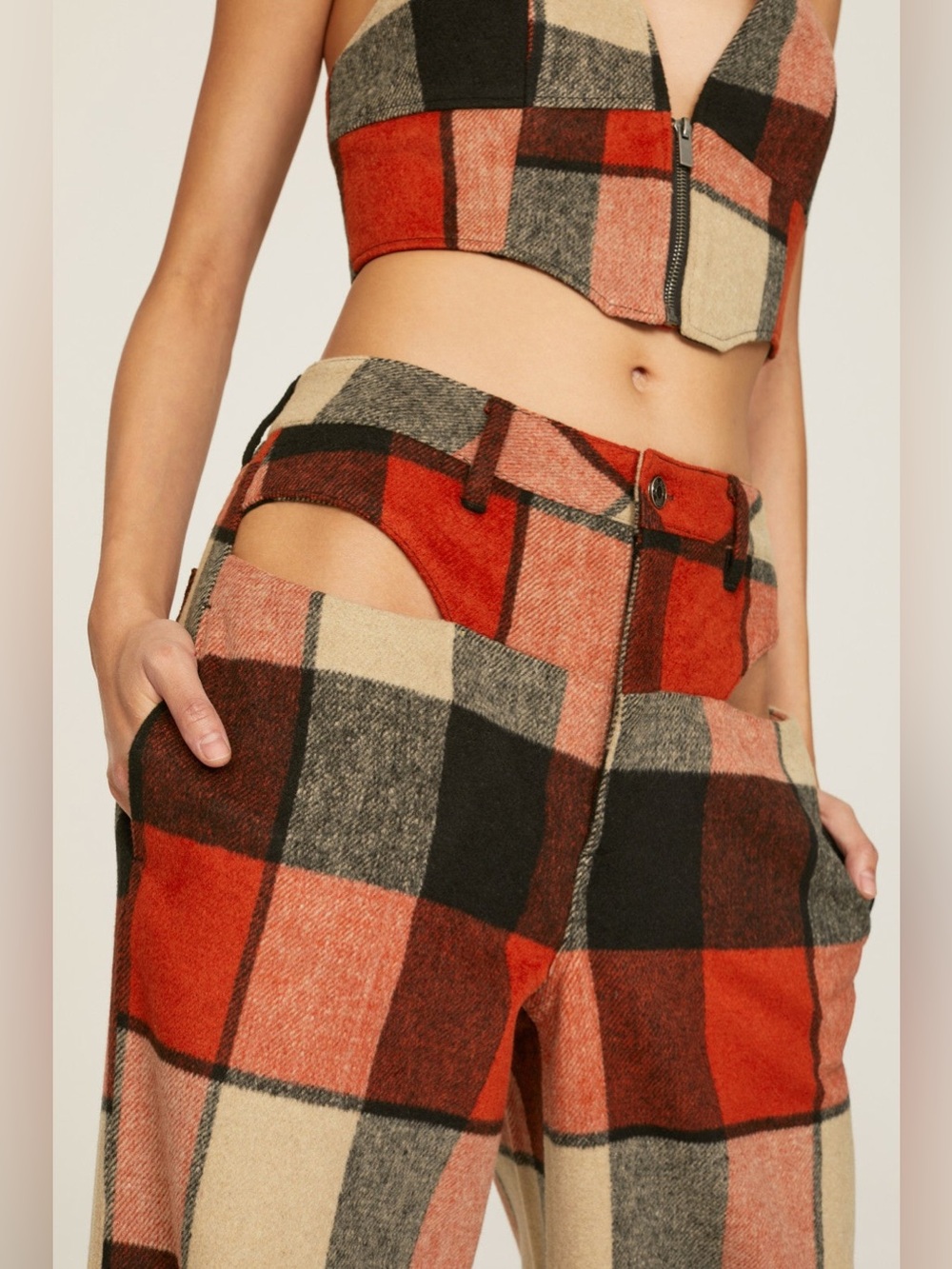 AFRM Checked Wide-Leg Pants in Red & Cream - Picture 2 of 8